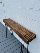 Load image into Gallery viewer, Modern Farmhouse Console Table - Wood Entryway Decor - Narrow with Hairpin Legs - Sofa Table