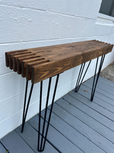 Load image into Gallery viewer, Modern Farmhouse Console Table - Wood Entryway Decor - Narrow with Hairpin Legs - Sofa Table