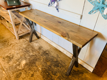 Load image into Gallery viewer, Industrial Farmhouse Entryway Table: Weathered Brown Wood & Black Metal Legs