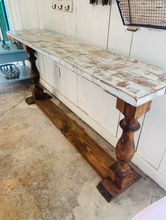 Load image into Gallery viewer, Rustic Farmhouse Entryway Table: Weathered White Top, Turned Legs