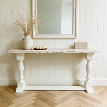 Load image into Gallery viewer, Rustic Farmhouse Entryway Table: Weathered White Console Sofa Table