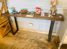 Load image into Gallery viewer, Industrial Farmhouse Entryway Table: Dark Walnut Top & Black Metal Legs