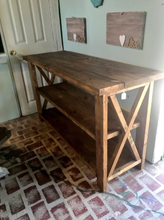 Load image into Gallery viewer, Rustic Wooden Console Table: Farmhouse Buffet, Brown Walnut Stain