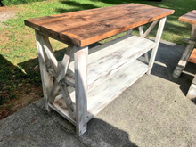 Load image into Gallery viewer, Rustic Farmhouse Buffet Table: Distressed White & Provincial Brown
