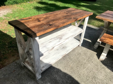 Load image into Gallery viewer, Rustic Farmhouse Buffet Table: Distressed White & Provincial Brown