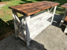 Load image into Gallery viewer, Rustic Farmhouse Buffet Table: Distressed White & Provincial Brown