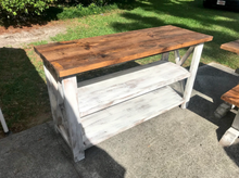 Load image into Gallery viewer, Rustic Farmhouse Buffet Table: Distressed White & Provincial Brown