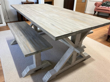 Load image into Gallery viewer, Rustic Farmhouse Dining Table Set: Gray Whitewash, Solid Wood Benches