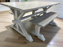 Load image into Gallery viewer, Rustic Farmhouse Dining Table Set: Gray Whitewash, Solid Wood Benches