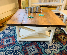 Load image into Gallery viewer, Large Farmhouse Coffee Table: Square Wooden Living Room Table with X Base