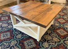 Load image into Gallery viewer, Large Farmhouse Coffee Table: Square Wooden Living Room Table with X Base