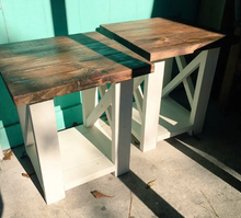 Load image into Gallery viewer, Handmade Farmhouse End Table Set: Provincial Brown Top, White X Base
