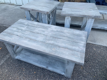 Load image into Gallery viewer, Farmhouse Coffee Table and End Tables Set: Distressed White Base, Gray White Wash Top