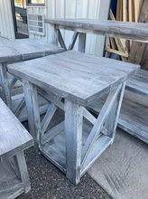 Load image into Gallery viewer, Farmhouse Coffee Table and End Tables Set: Distressed White Base, Gray White Wash Top