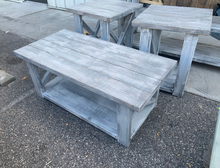 Load image into Gallery viewer, Farmhouse Coffee Table and End Tables Set: Distressed White Base, Gray White Wash Top