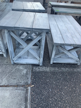 Load image into Gallery viewer, Farmhouse Coffee Table and End Tables Set: Distressed White Base, Gray White Wash Top