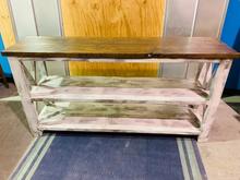 Load image into Gallery viewer, Rustic Wooden Buffet Table: Farmhouse Console with Distressed White Base