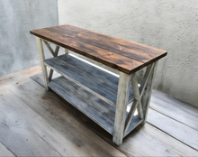 Load image into Gallery viewer, Rustic Farmhouse Sideboard: Distressed White, Dark Walnut Top
