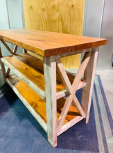 Load image into Gallery viewer, Rustic Farmhouse Buffet Table: Distressed White & Gunstock Shelving