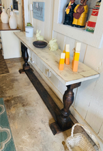 Load image into Gallery viewer, Farmhouse Entryway Table: Dark Walnut Base, Weathered White Top