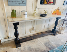 Load image into Gallery viewer, Farmhouse Entryway Table: Dark Walnut Base, Weathered White Top