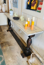 Load image into Gallery viewer, Farmhouse Entryway Table: Dark Walnut Base, Weathered White Top