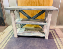 Load image into Gallery viewer, Rustic Farmhouse Entryway Table: Distressed White & Navy Console