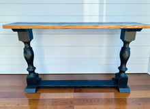 Load image into Gallery viewer, Farmhouse Entryway Table: Distressed Black Console Table with Provincial Brown Top