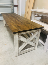Load image into Gallery viewer, Rustic Farmhouse Desk: Dark Walnut Top, White Distressed Base, X Accents