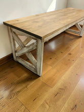 Load image into Gallery viewer, Rustic Farmhouse Desk: Dark Walnut Top, White Distressed Base, X Accents