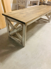 Load image into Gallery viewer, Rustic Farmhouse Desk: Dark Walnut Top, White Distressed Base, X Accents