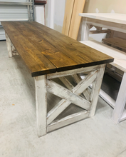 Load image into Gallery viewer, Rustic Farmhouse Desk: Dark Walnut Top, White Distressed Base, X Accents