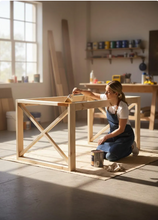 Load image into Gallery viewer, X Table Base Kit DIY Farmhouse Dining Wood Legs Skirting Rustic Unfinished Furniture