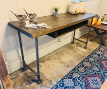 Load image into Gallery viewer, Handmade Industrial Desk, Dark Walnut Wood Top, Gas Pipe Steel Legs