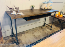 Load image into Gallery viewer, Handmade Industrial Desk, Dark Walnut Wood Top, Gas Pipe Steel Legs
