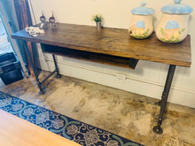 Load image into Gallery viewer, Handmade Industrial Desk, Dark Walnut Wood Top, Gas Pipe Steel Legs