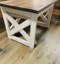 Load image into Gallery viewer, Rustic Farmhouse Desk: Dark Walnut Top, White Distressed Base, X Accents