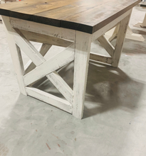 Load image into Gallery viewer, Rustic Farmhouse Desk: Dark Walnut Top, White Distressed Base, X Accents