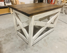 Load image into Gallery viewer, Rustic Farmhouse Desk: Dark Walnut Top, White Distressed Base, X Accents