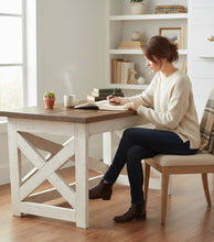 Load image into Gallery viewer, Rustic Farmhouse Desk: Dark Walnut Top, White Distressed Base, X Accents