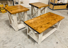 Load image into Gallery viewer, Farmhouse Coffee Table and End Tables Set: Distressed White Base, Early American Top