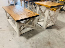 Load image into Gallery viewer, Farmhouse Coffee Table and End Tables Set: Distressed White Base, Early American Top