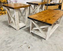 Load image into Gallery viewer, Farmhouse Coffee Table and End Tables Set: Distressed White Base, Early American Top