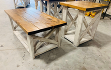 Load image into Gallery viewer, Farmhouse Coffee Table and End Tables Set: Distressed White Base, Early American Top