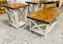 Load image into Gallery viewer, Farmhouse Coffee Table and End Tables Set: Distressed White Base, Early American Top