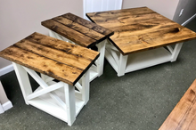Load image into Gallery viewer, Farmhouse Coffee Table Set: Provincial Brown & Solid White End Tables