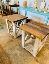Load image into Gallery viewer, Rustic Farmhouse End Tables Set: Distressed White & Provincial Brown, X-Base