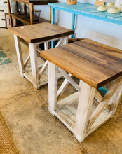 Load image into Gallery viewer, Rustic Farmhouse End Tables Set: Distressed White & Provincial Brown, X-Base