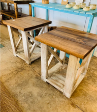 Load image into Gallery viewer, Rustic Farmhouse End Tables Set: Distressed White & Provincial Brown, X-Base