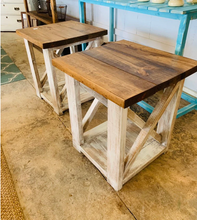 Load image into Gallery viewer, Rustic Farmhouse End Tables Set: Distressed White & Provincial Brown, X-Base